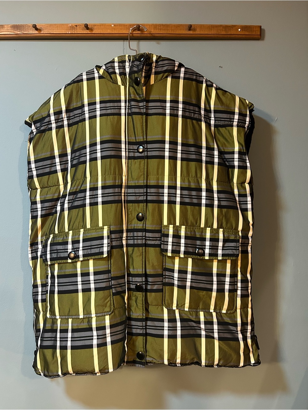 Men’s Zara Olive Green Plaid Reflective Hooded Puffer Poncho